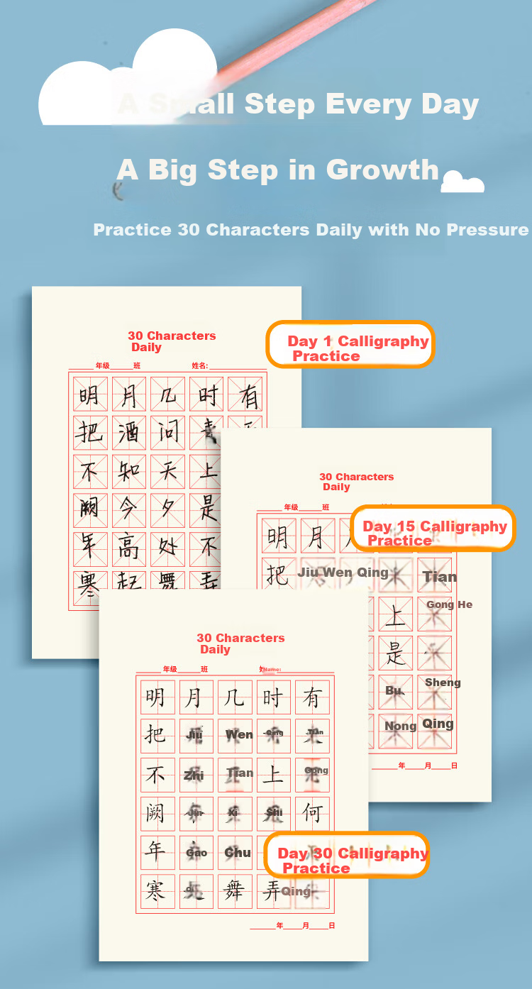 Dr. Dory A6 Grid Paper Daily 30 Characters Red Grid Hard Pen Calligraphy Practice Notebook Chinese Language Exercise Paper Fountain Pen Special Thick Grid Paper 5-Pack 2