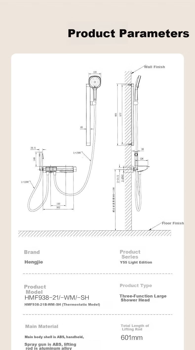 HEGII Shower Head D40 Light Version, Piano Key Storage, Compact Bathroom Shower Head Set HMF938-21 18