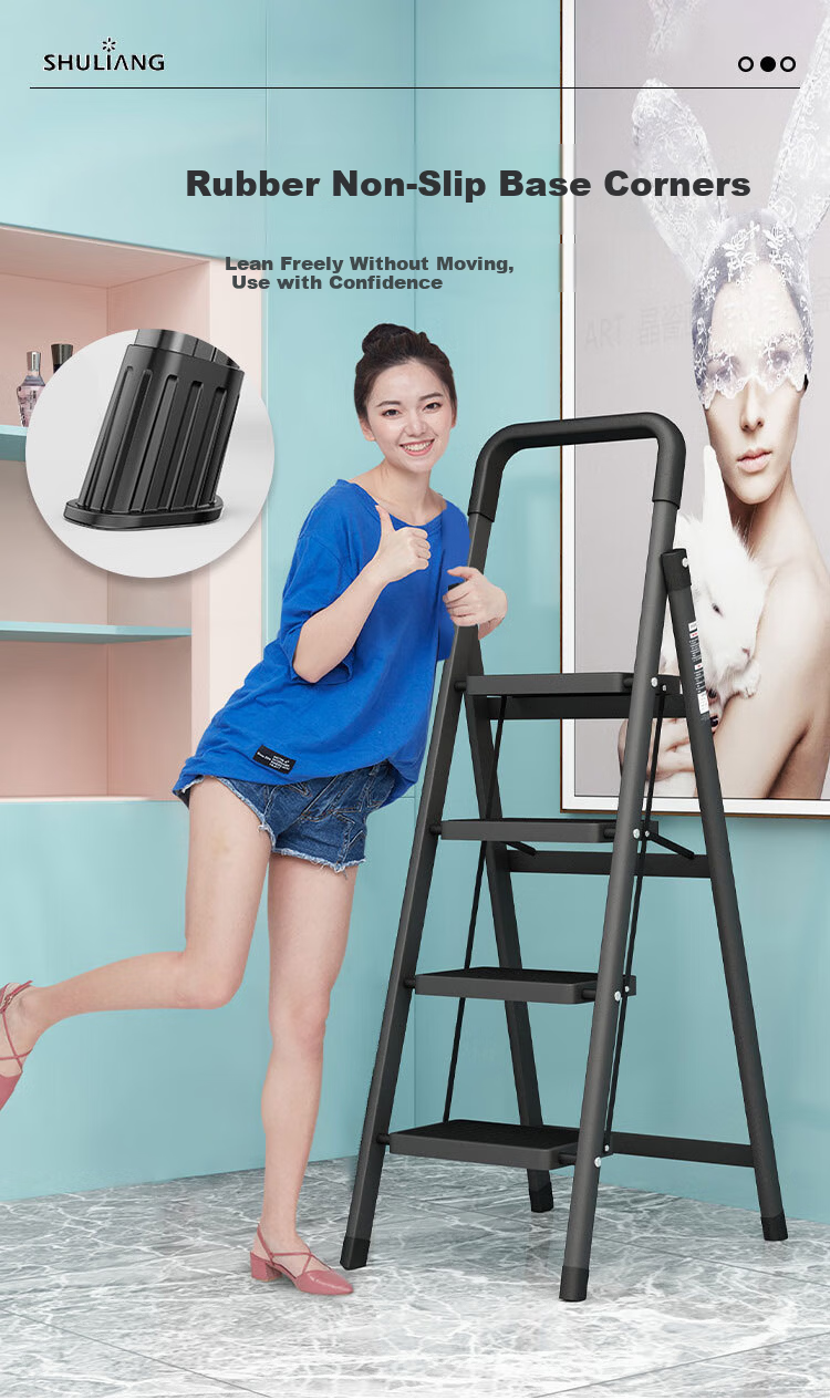 SHULIANG Household Indoor Folding Ladder Thickened Four-Step Engineering Ladder Black Obsidian Carbon Steel Ladder Height 3.2 Meters 7