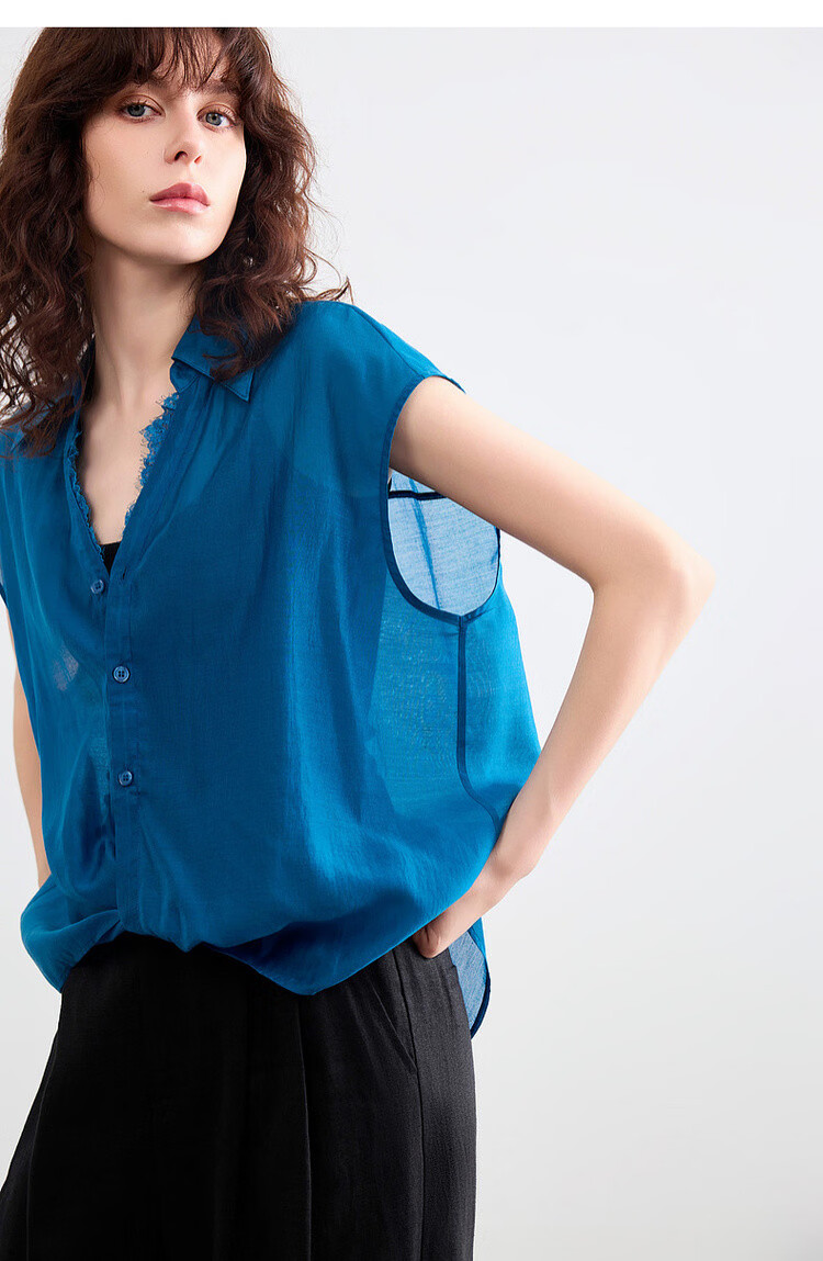 Demana [Breathable Tencel] Summer Lace Splice Turn-down Collar Knot Hem Lightweight Loose Shirt for Women Premium Quality 14
