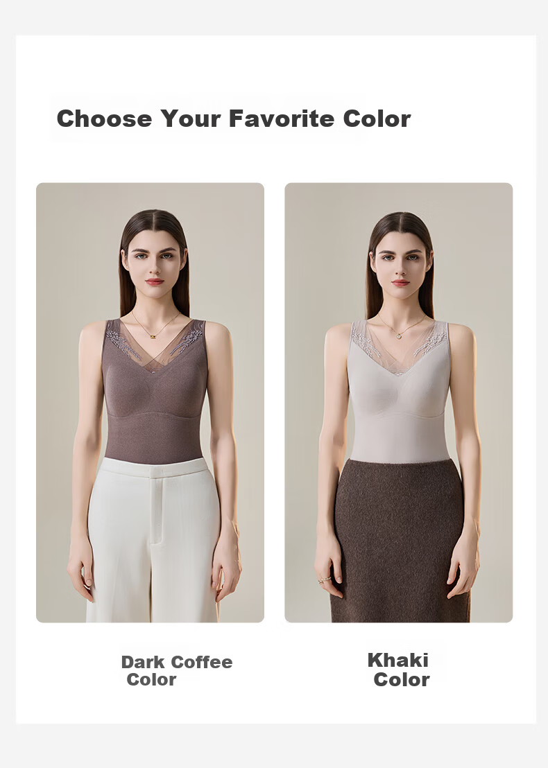 GUJIN Women's Thermal Vest Lace Base Layer with Chest Pad Warm Underwear Top Coffee Color XL 12