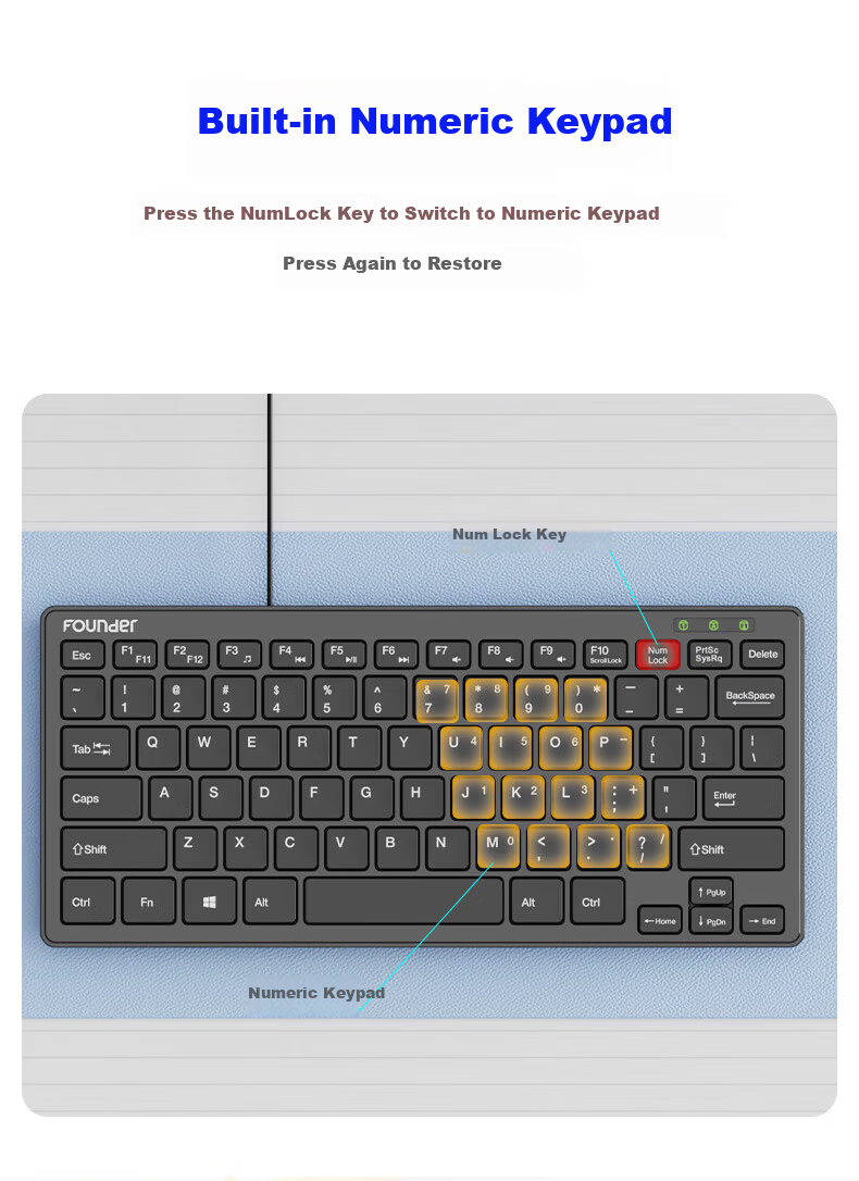 Founder D126 Mini 78-Key Chocolate Keycap Portable Black Wired Office Keyboard Universal USB Interface Laptop External Keyboard 8