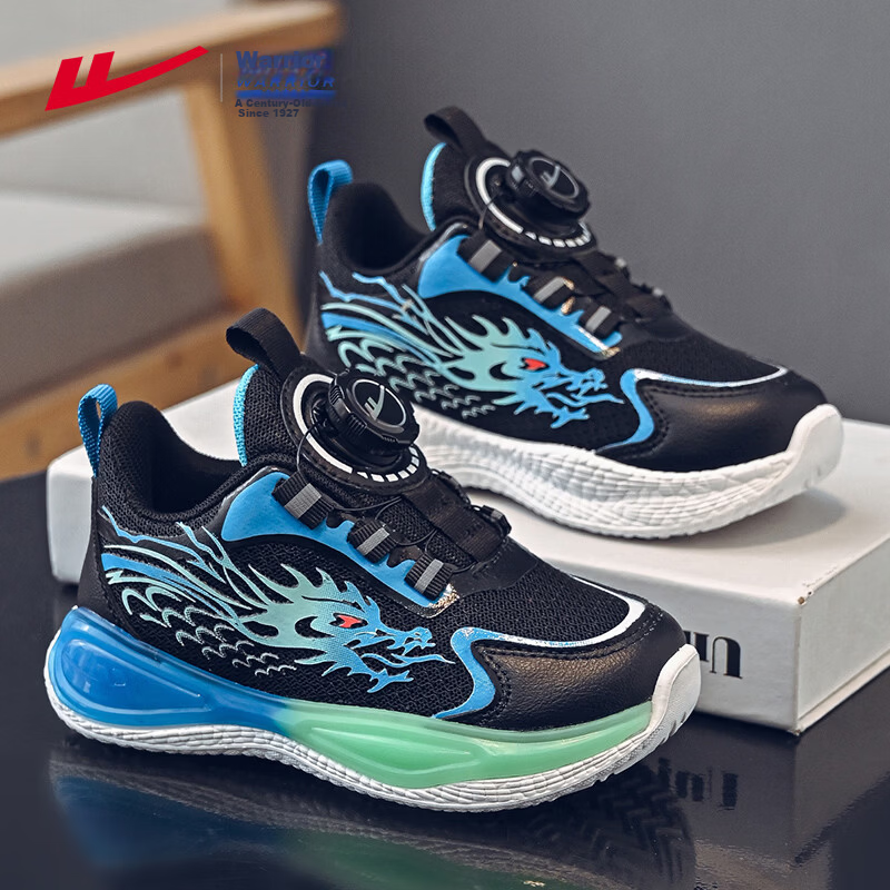 Warrior Boys' Spring and Autumn Running Shoes Mesh Breathable Rotating Buckle Children's Casual Sports Shoes WZ-2227 Black Blue Size 34