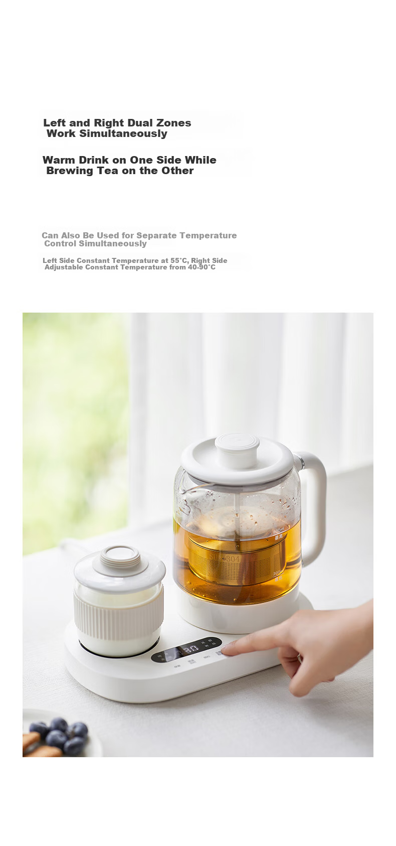 Olayks Instant Mini Health Pot Set Flower Tea Kettle 0.8L Office Heating Thermostat Coaster 2-in-1 Small Electric Kettle Tea Maker for One 17