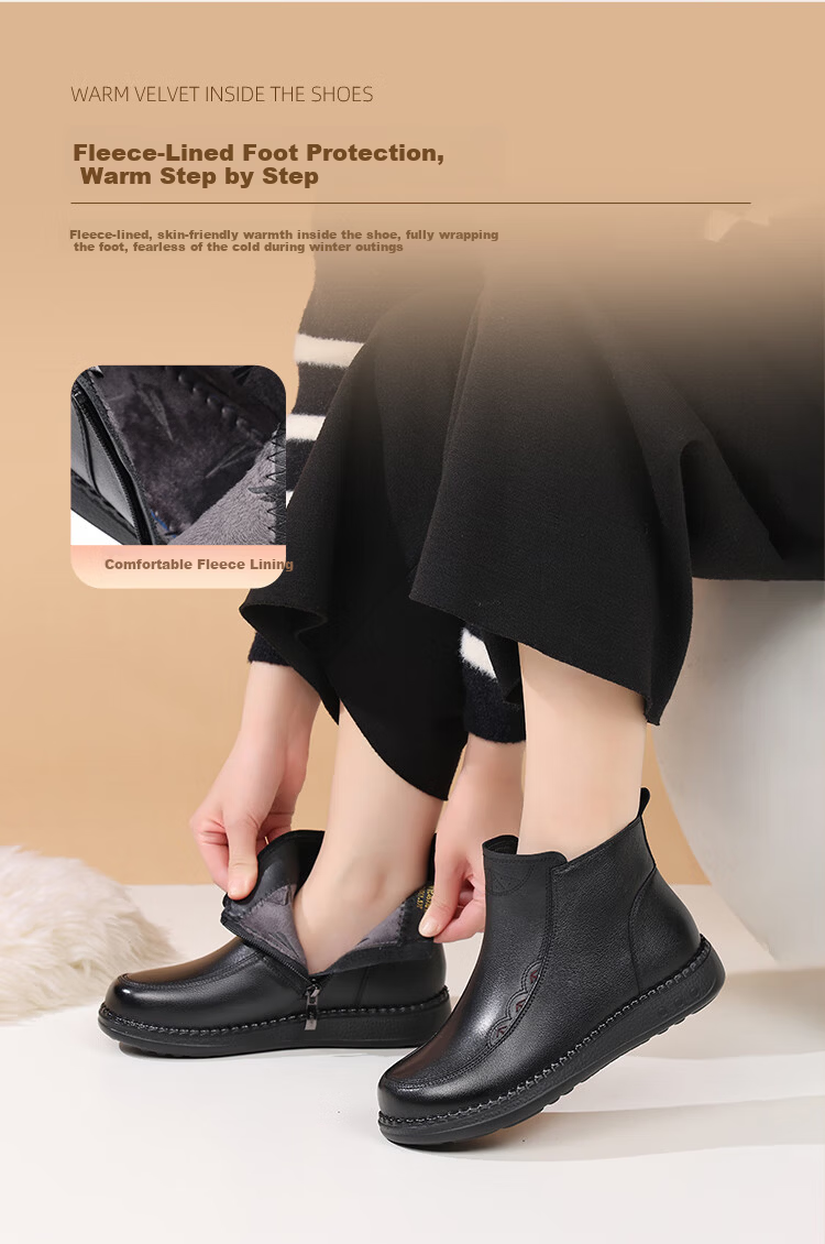 Red Dragonfly Women's Autumn Winter Lightweight Short Boots Fleece Lined Warm Thick Sole Flat Middle-aged Cotton Boots WTC457391H Black Size 36 4