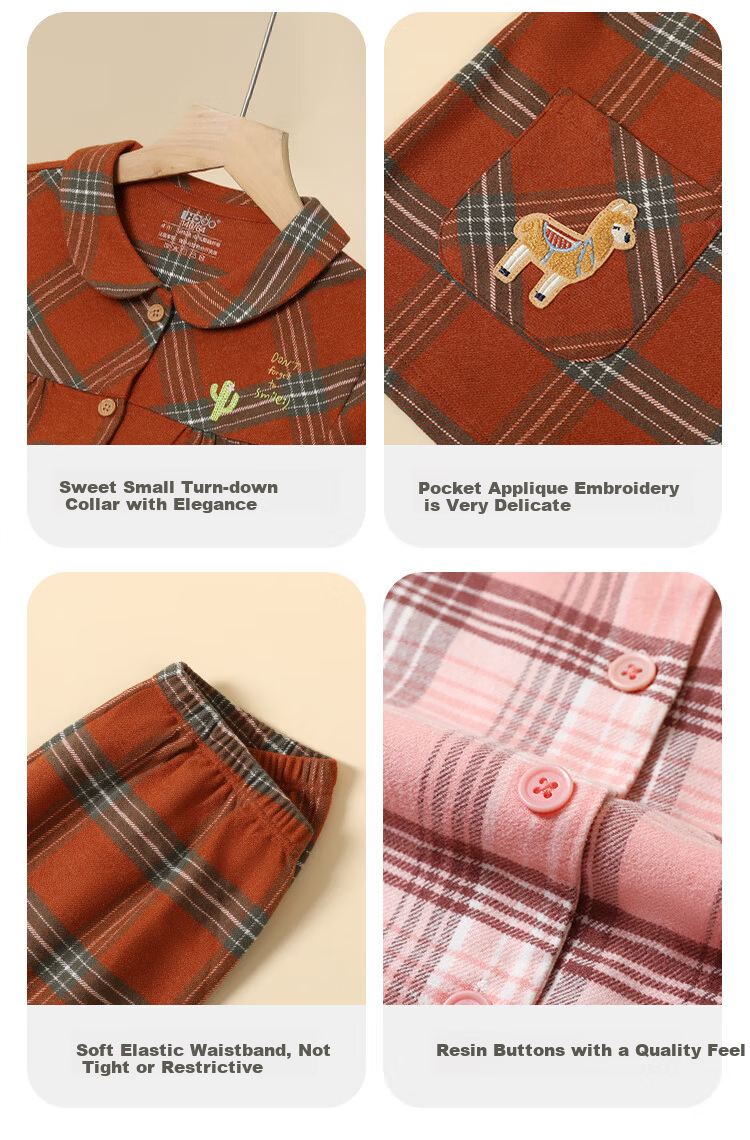 Hodohome Children's Pajamas, Girls' Plaid Cotton Loungewear, Girls' Brushed Lapel Cardigan Long-Sleeve Set 504 120 10