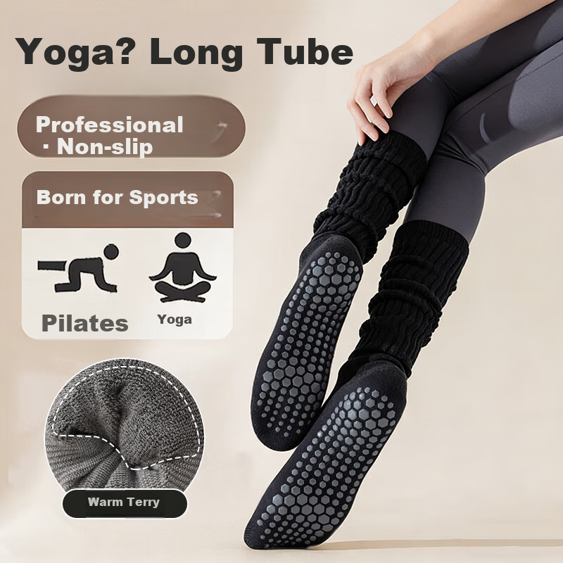 Duweike Yoga Socks Pilates Mid-Calf Non-Slip Breathable Fitness Dance Sports Calf Stack Socks Black