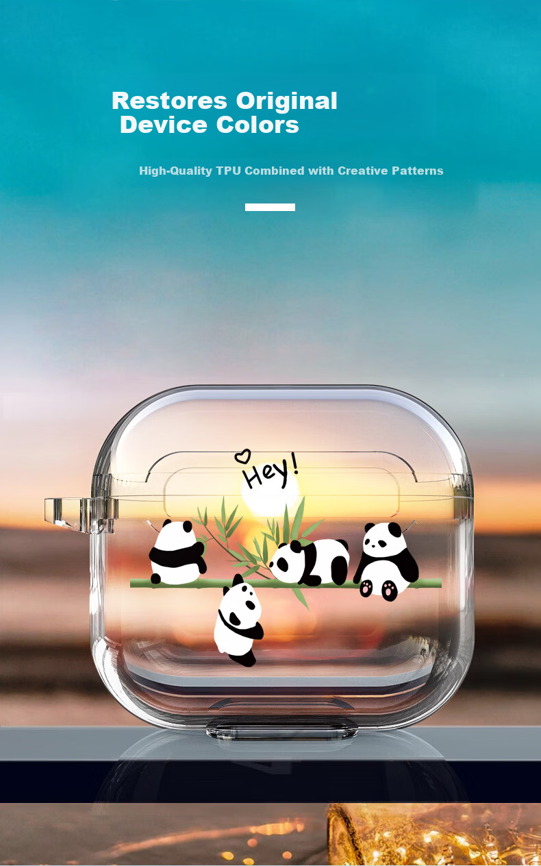 Shell Sister AirPods 4 Protective Case for Apple Wireless Bluetooth Earphones, Drop-Resistant Creative Painted High Transparency Case with Stacked Panda Design 1