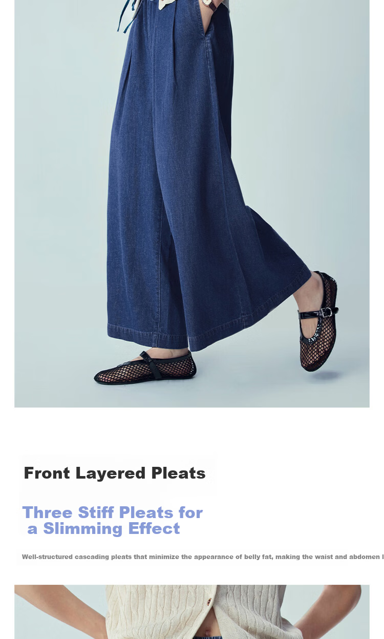 Giordano 2026 Summer Women's Pure Cotton Lightweight Pleated Drawstring Elastic Waist Cropped Wide-Leg Jeans 13416330 6