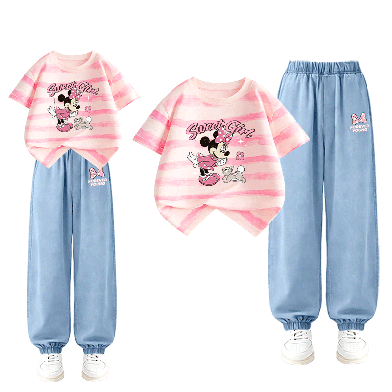 Disney Girls Summer Tie-Dye Short Sleeve Denim Mosquito-Proof Pants Set Bunny Pink + Polka Dot Butterfly Blue 130