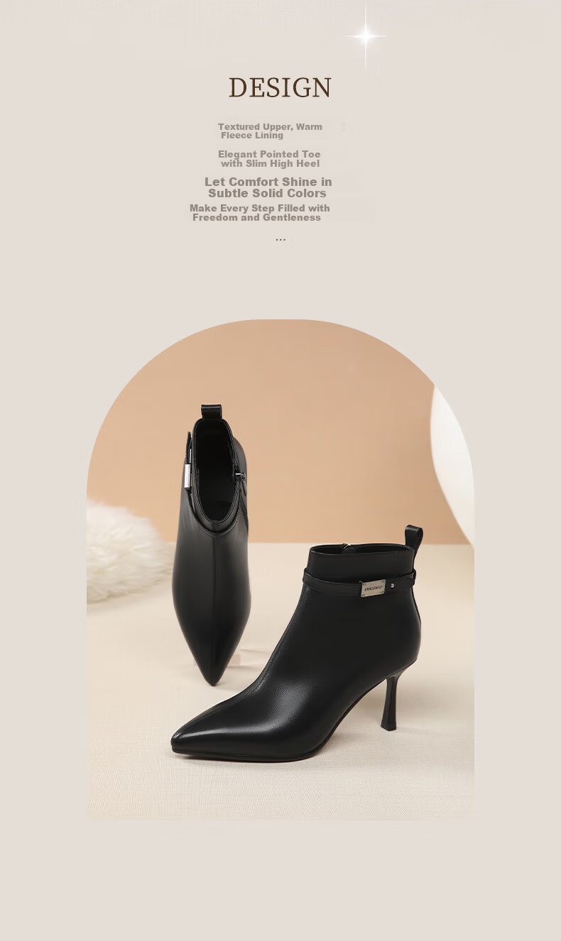 Red Dragonfly Women's Short Ankle Boots Pointed Toe High Heel Leather Autumn Winter Fleece Lined French Style Stiletto Ankle Boots WFC440961 Black Size 35 2