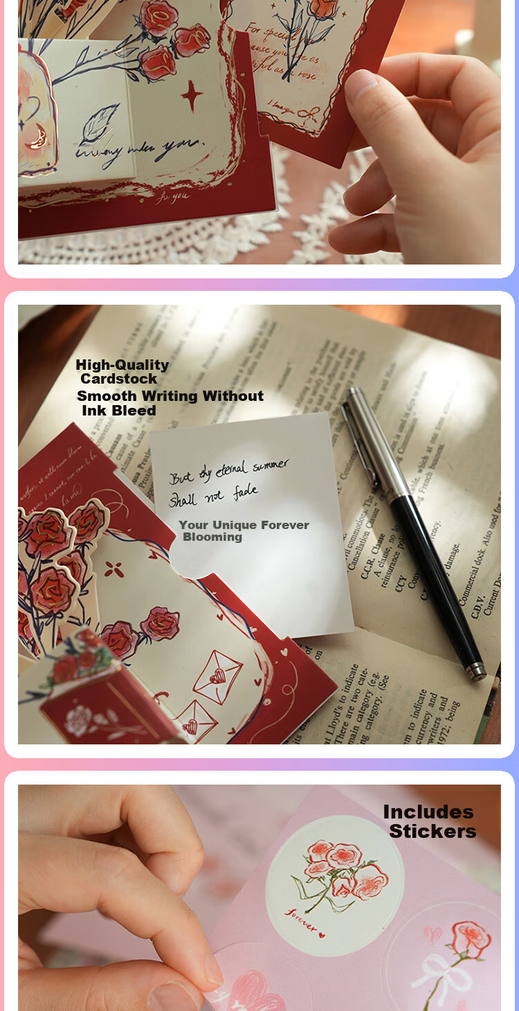 Jufu 3D Pop-Up Greeting Card High-End Foldable Rose Blessing Cute Confession Card Set for Girls Friends Birthday Graduation Anniversary 520 Gift 4