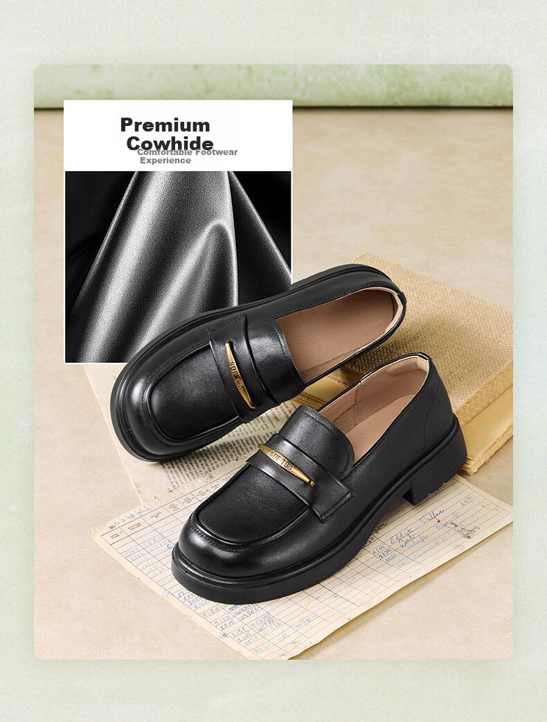Basto Mall Same Style [Genuine Leather] College Style Loafers Chunky Heel Women's Shoes Black Size 35 13