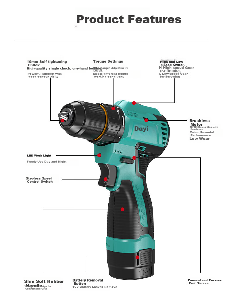 Dayi Brushless Electric Screwdriver Q3 Cordless Drill 16V Lithium Battery Compact Power Drill 3305SEA-1S 18
