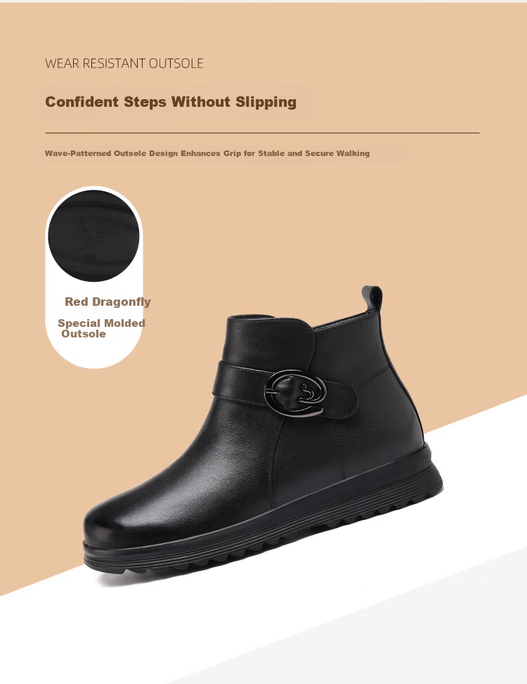 Red Dragonfly Women's Winter Warm Fleece-Lined Leather Cotton Shoes Comfortable Soft Sole Ankle Boots WTC457531H Black Size 37 4