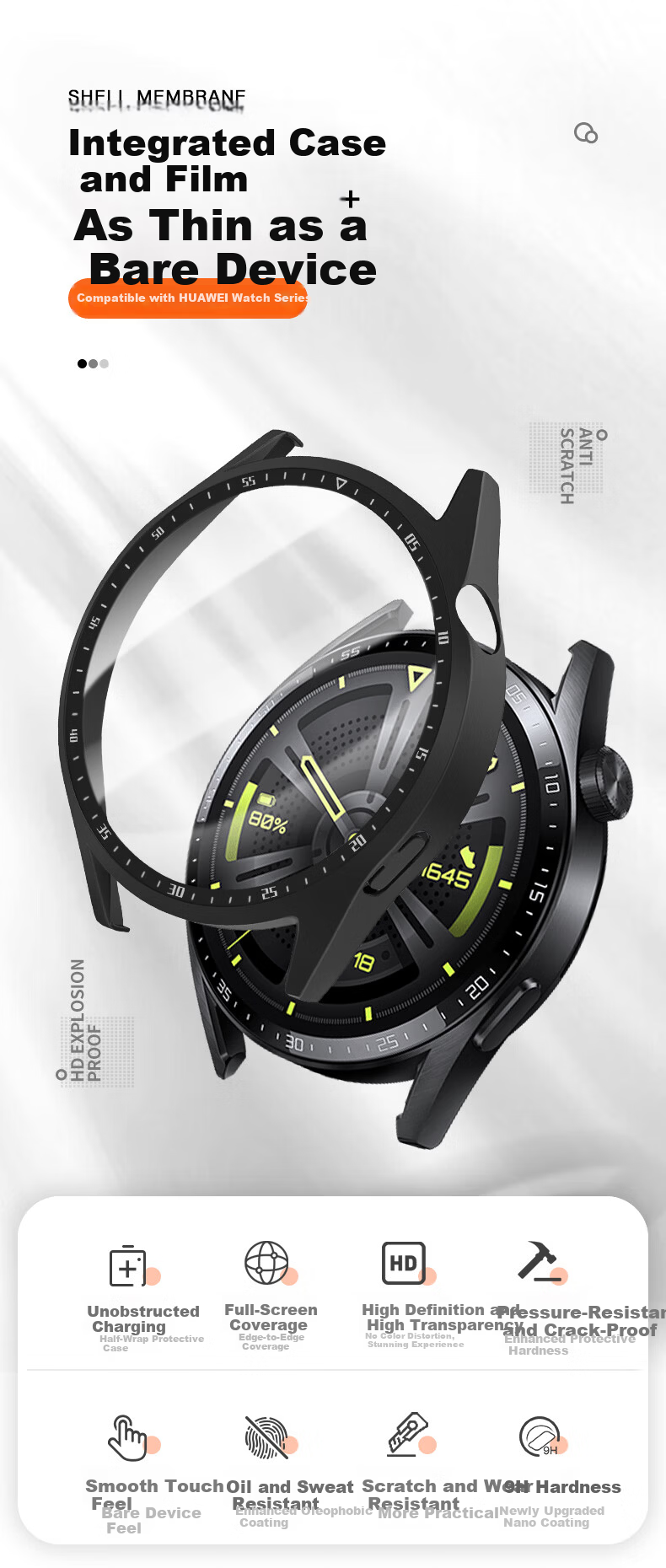 Weiqiantu Tempered Glass Screen Protector for Huawei GT4 Case, Compatible with GT3/Watch4 Case, Integrated Watch3/Watch3Pro/GT2 Protective Cover [GT4-46MM] Black with Scale 1