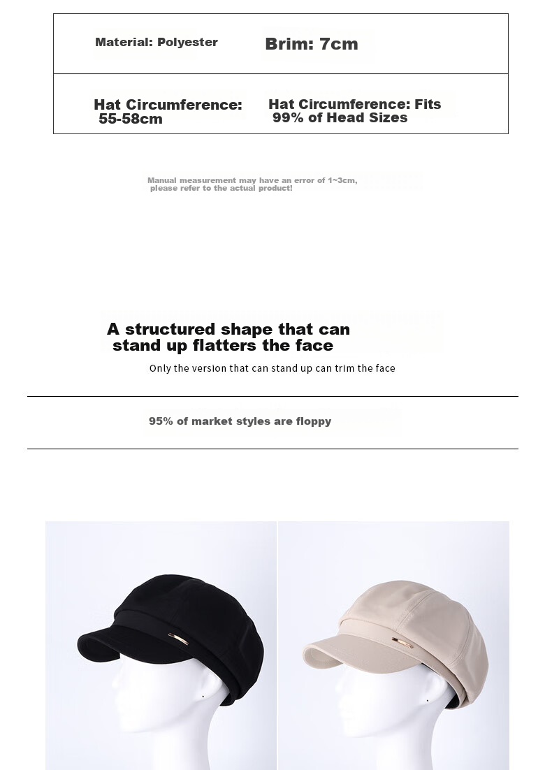 XUEXIMAN Women's Beret Hat Black Vintage Duckbill Octagonal Cap Large Head Circumference 4