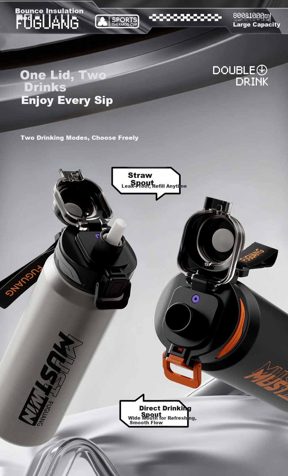 Fuguang Insulated Water Bottle Men's Large Capacity Outdoor Sports Cup One-Button Flip Lid Retractable Straw Tea Infuser Cup 3