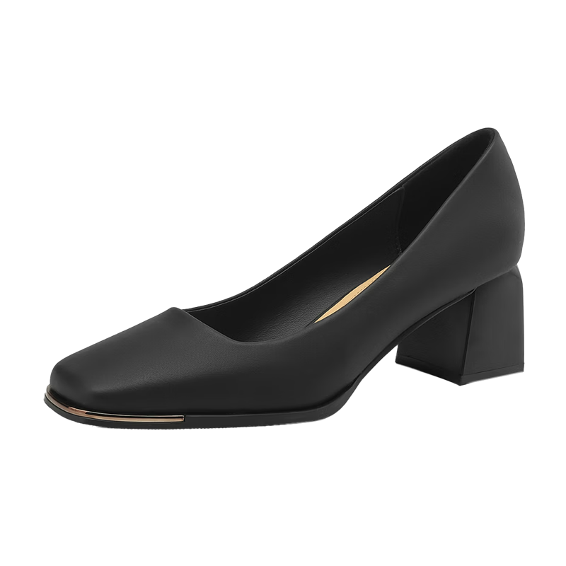 DAPHNE Women's New Square-Toe Chunky Heel Leather Shoes, Versatile High Heels, Women's Shoes 4024101020 Black 38