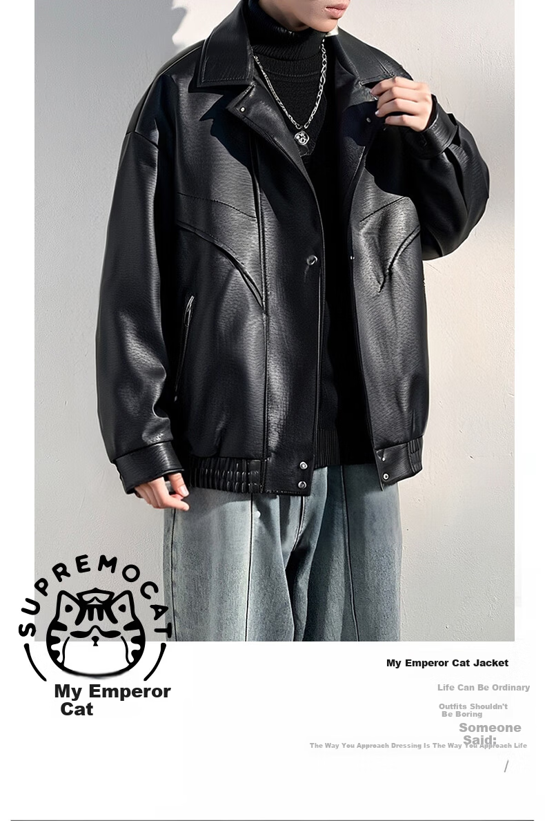 Wu Huangmao Men's American Style Leather Jacket Spring Autumn Vintage Biker Leather Jacket WJ14 Black 2XL 1