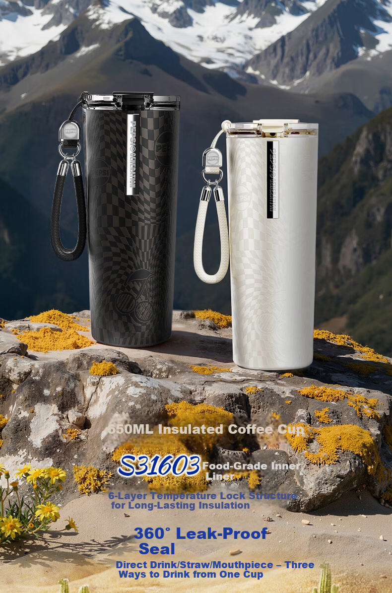 Pepsi Insulated Tumbler 316L Stainless Steel Coffee Cup Portable Car Cooler Sports Travel Mug 650ml Ink Brown 4