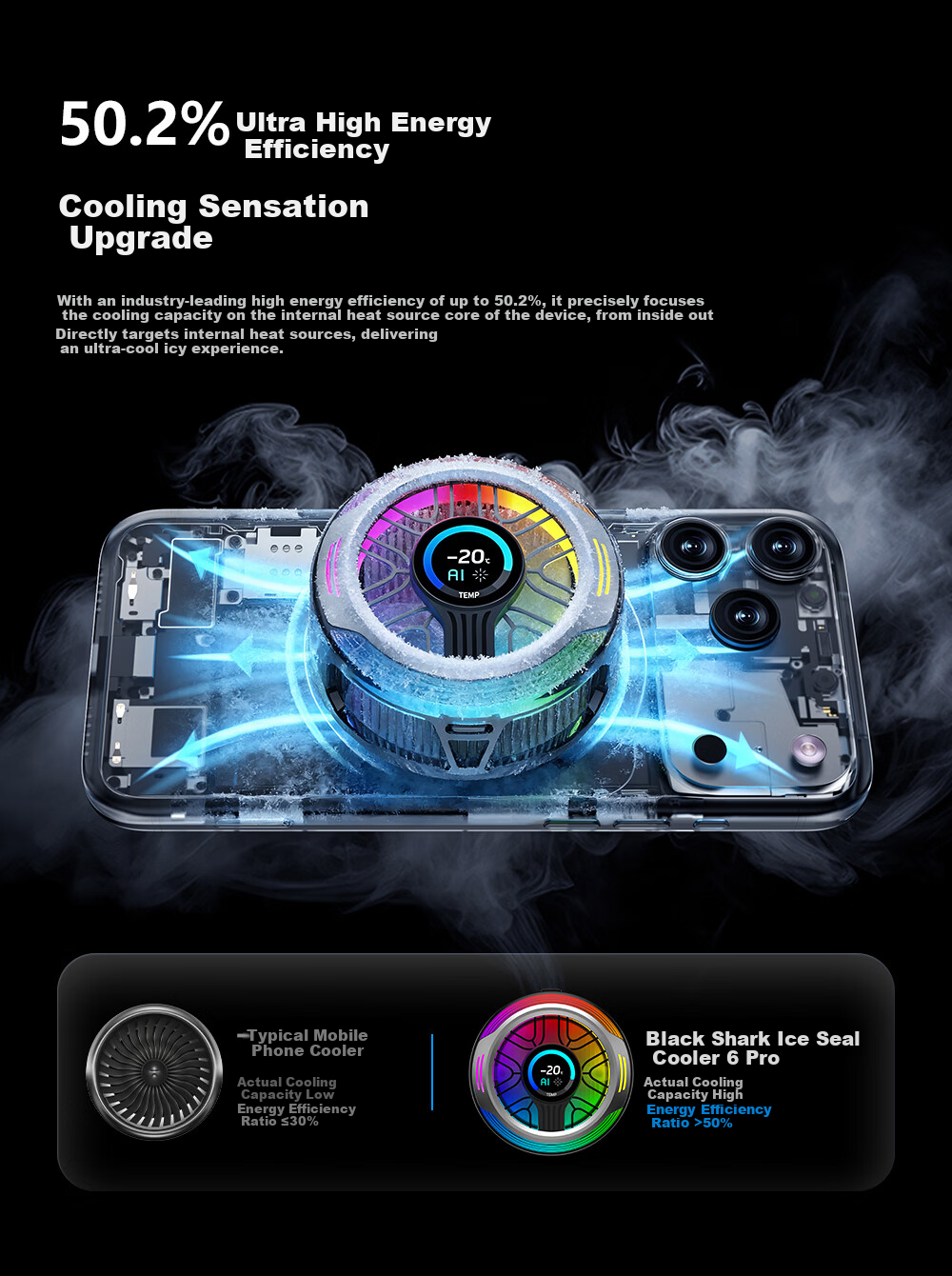 Black Shark 6 Max Tablet Phone Cooler Mortal Cultivation Edition Semiconductor Cooling for Gaming Compatible with iPad Apple Huawei Xiaomi Red Magic OnePlus 18