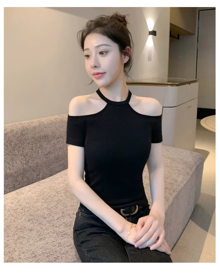 Woodpecker Women's Summer New Sexy Off-Shoulder Short Sleeve T-Shirt Slim Fit White L 9