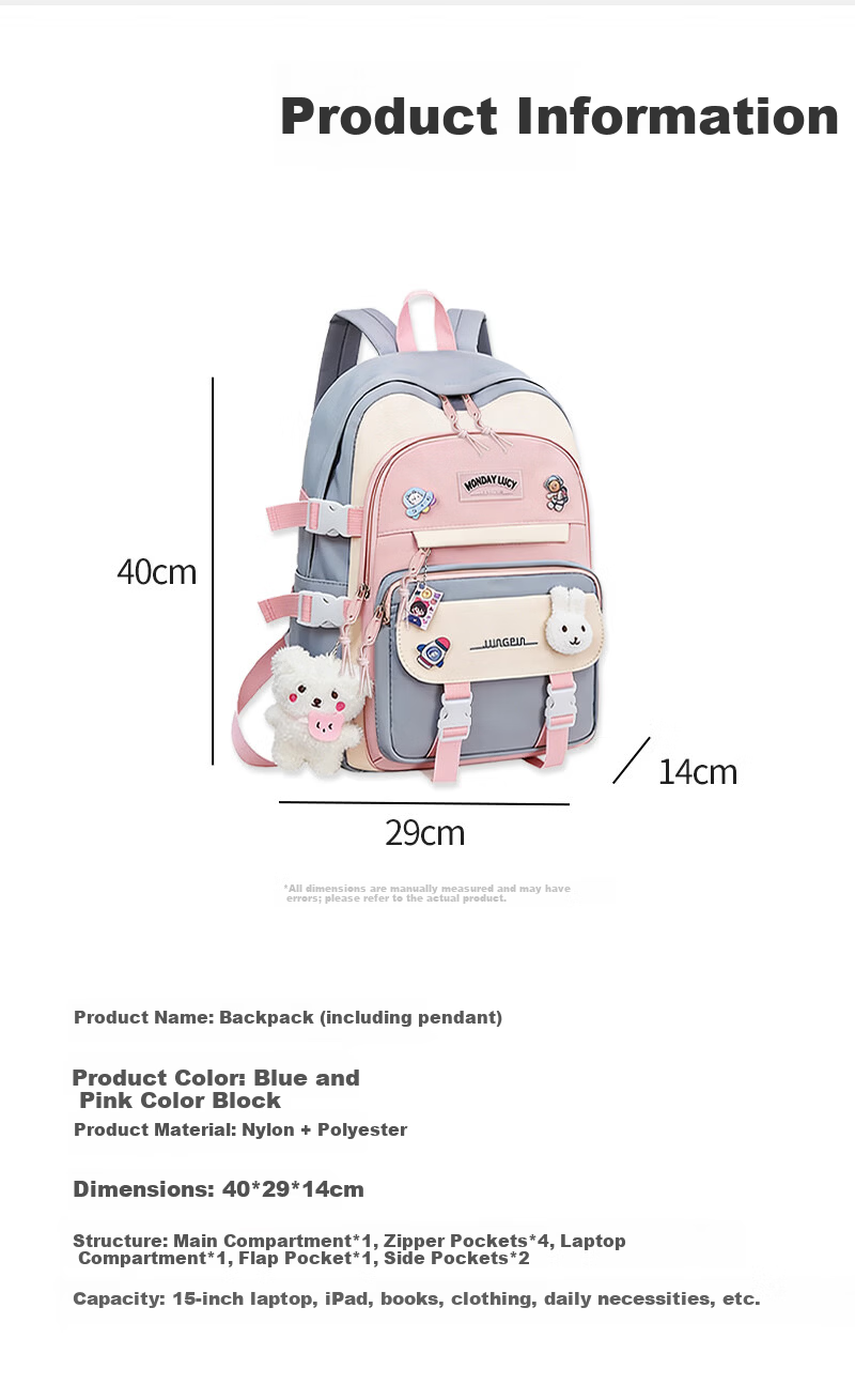 Medu Large Capacity School Backpack for Girls High School Students Commuter Laptop Bag Versatile Double Shoulder Bag for Grades 3-6 8
