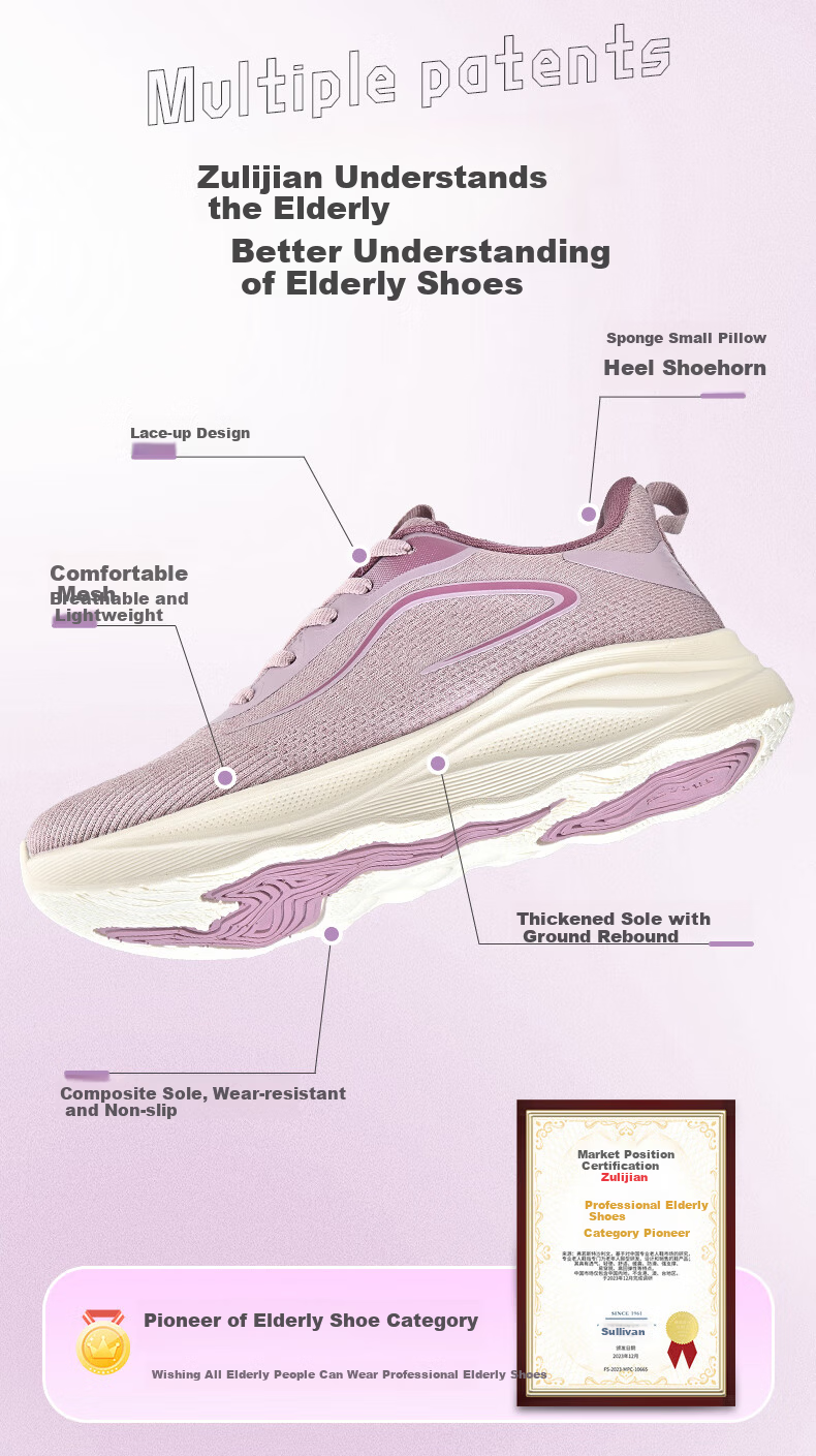 Zulijian Women's Elderly Shoes Non-Slip Comfortable Mom Shoes Middle-Aged Soft Sole Lightweight Walking Shoes 9132 Purple Size 37 2