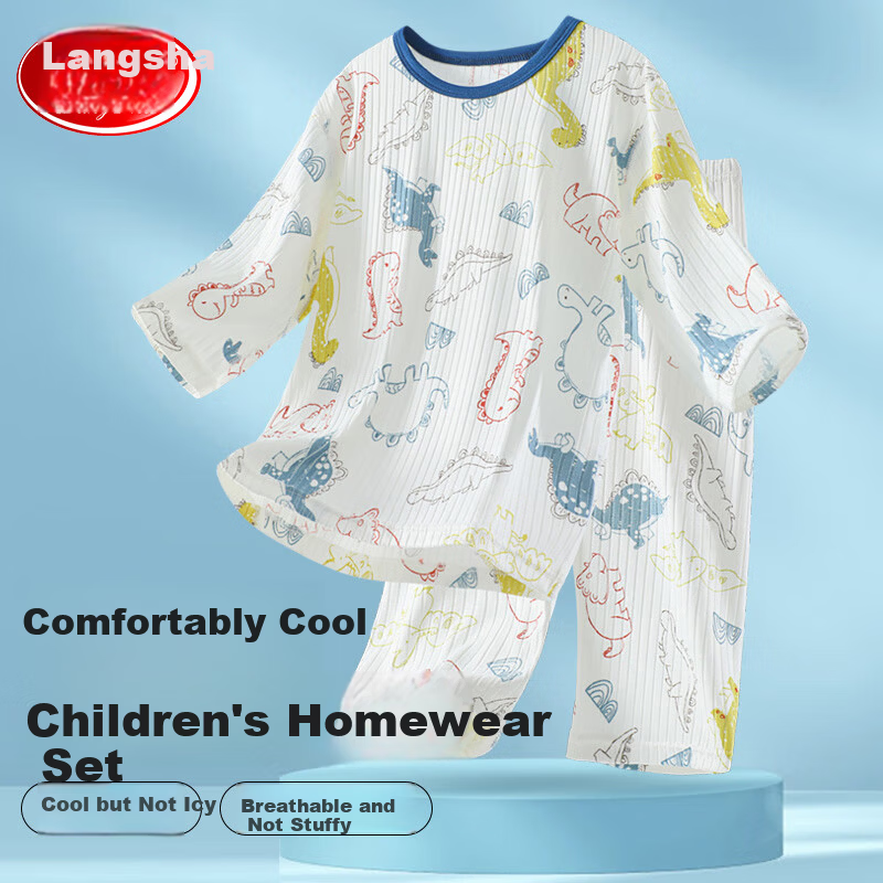 Langsha Children's Pajamas Boys Girls Summer Thin Baby Homewear Set Big Kids 3/4 Sleeve Air Conditioning Clothes 140