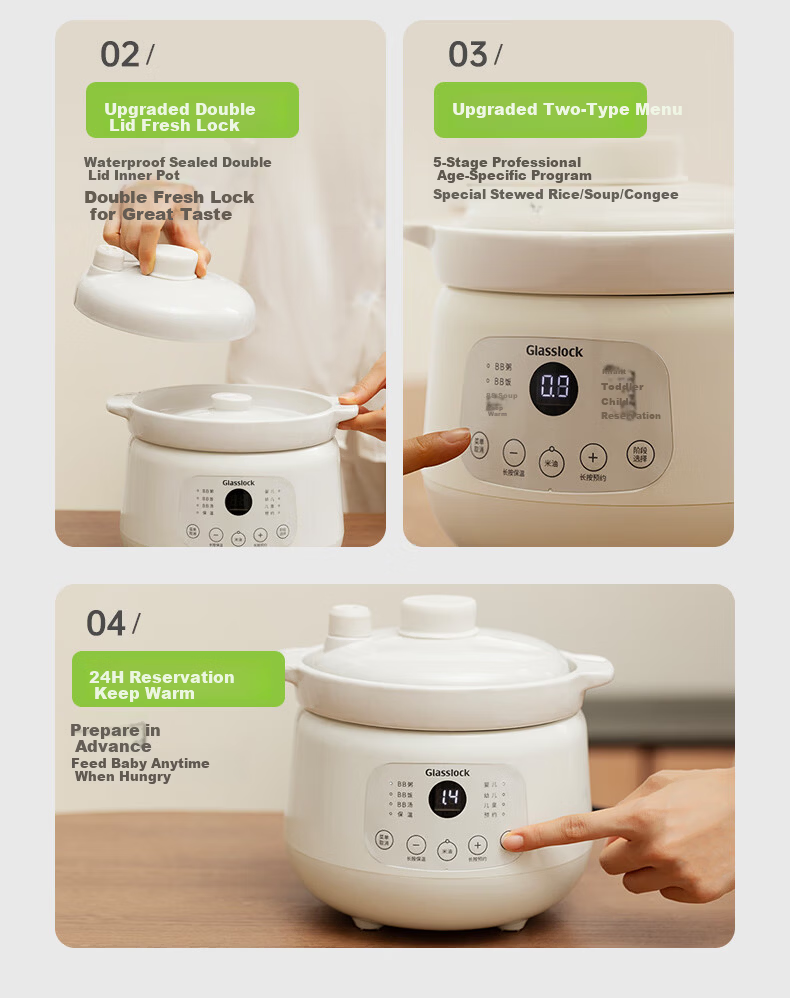 GLASSLOCK 1.8L Glass Electric Stew Pot, Non-Coated, Heavy Metal-Free, Split Micro-Pressure Baby Food Cooker, Slow Cooking Electric Pot, Multifunctional Cooker 2