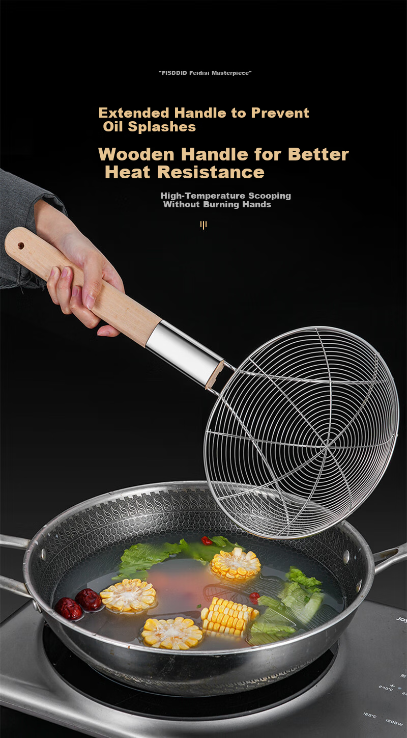 FISDDIS Large Fine Mesh Skimmer 30 Mesh 24cm Strainer Net Ladle Kitchen Household Commercial Frying Skimmer 9