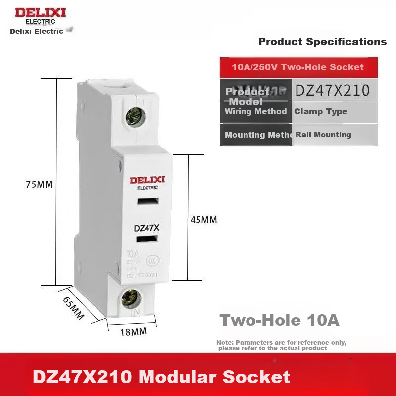 Delixi Electric DIN Rail Socket 2-Pin 10A Modular Socket DZ47X210 Single Phase Two-Pole 10A Distribution Box Socket Multimedia Box Temporary Socket for Construction Site