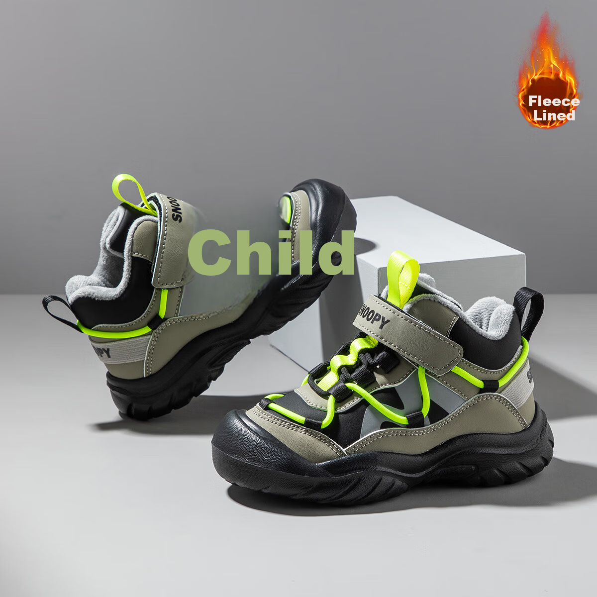 SNOOPY Kids Winter Cotton Shoes Boys Girls Warm Outdoor Sneakers 3911 Army Green Black Size 34