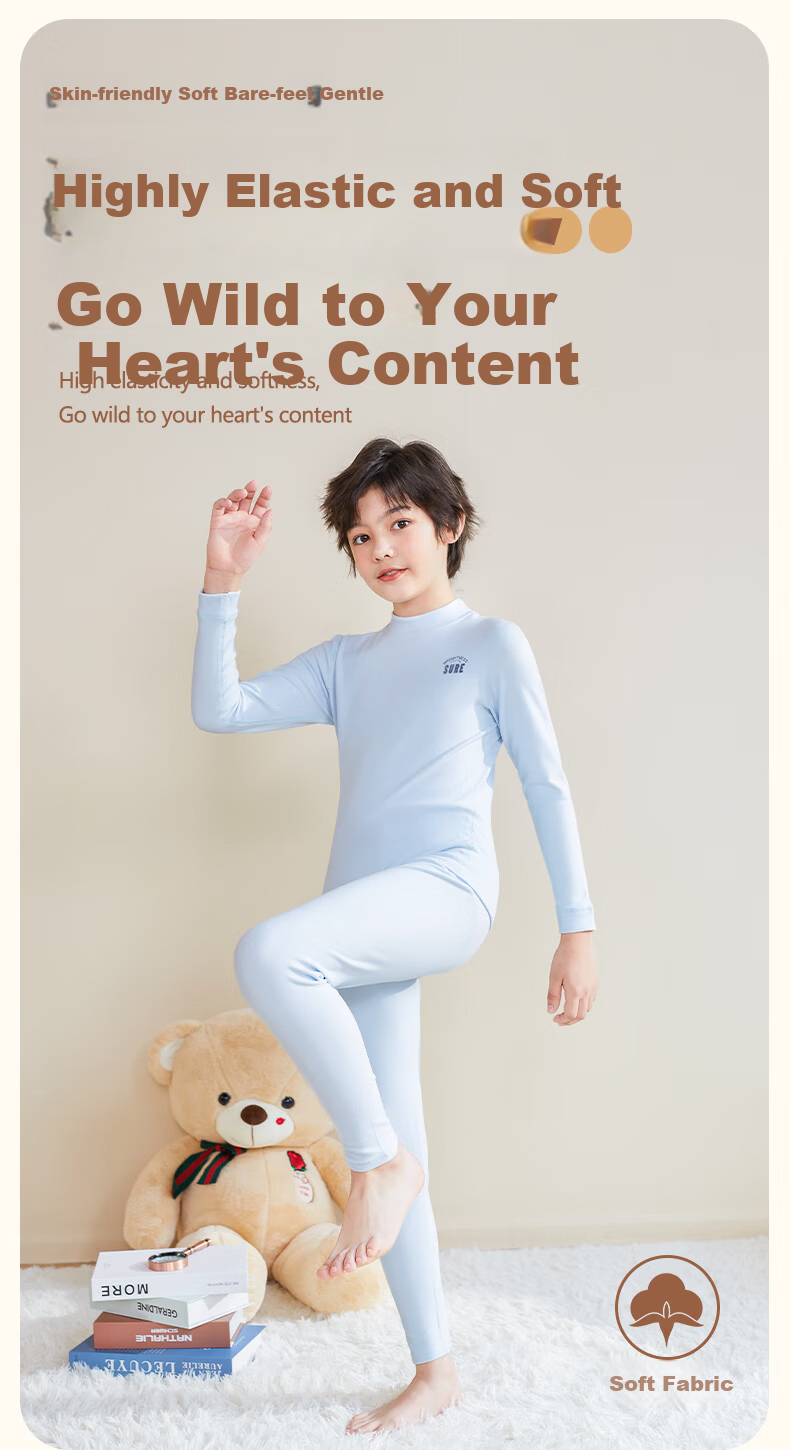 Dingguagua Boys' Cotton Thin Thermal Underwear Set Antibacterial Autumn Winter Kids' Pajamas for Older Children and Teens 2