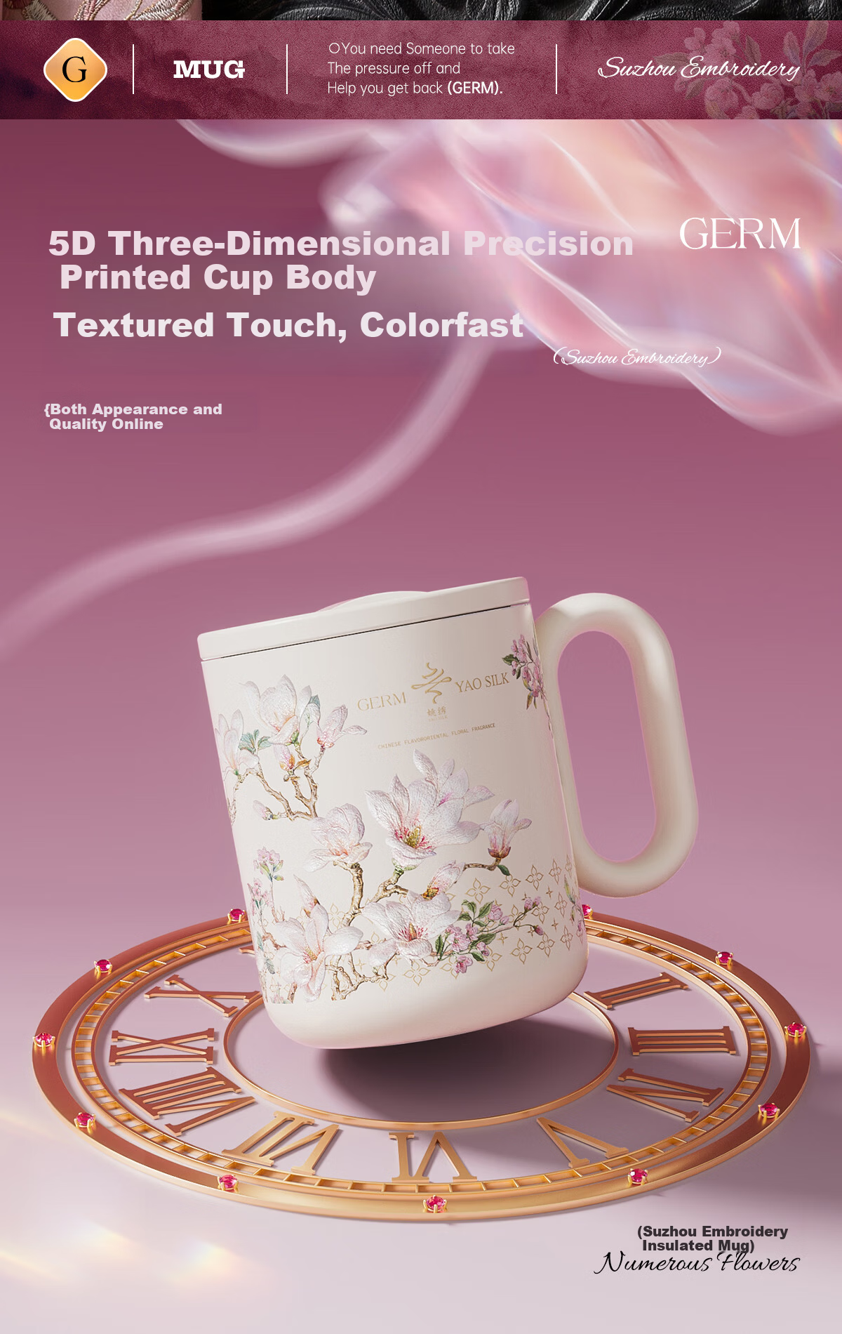 Germ Intangible Cultural Heritage Su Embroidery Mark Insulated Mug High-Value Office Water Cup Tea Cup Women's Gift Cup 450ML Magnolia 5