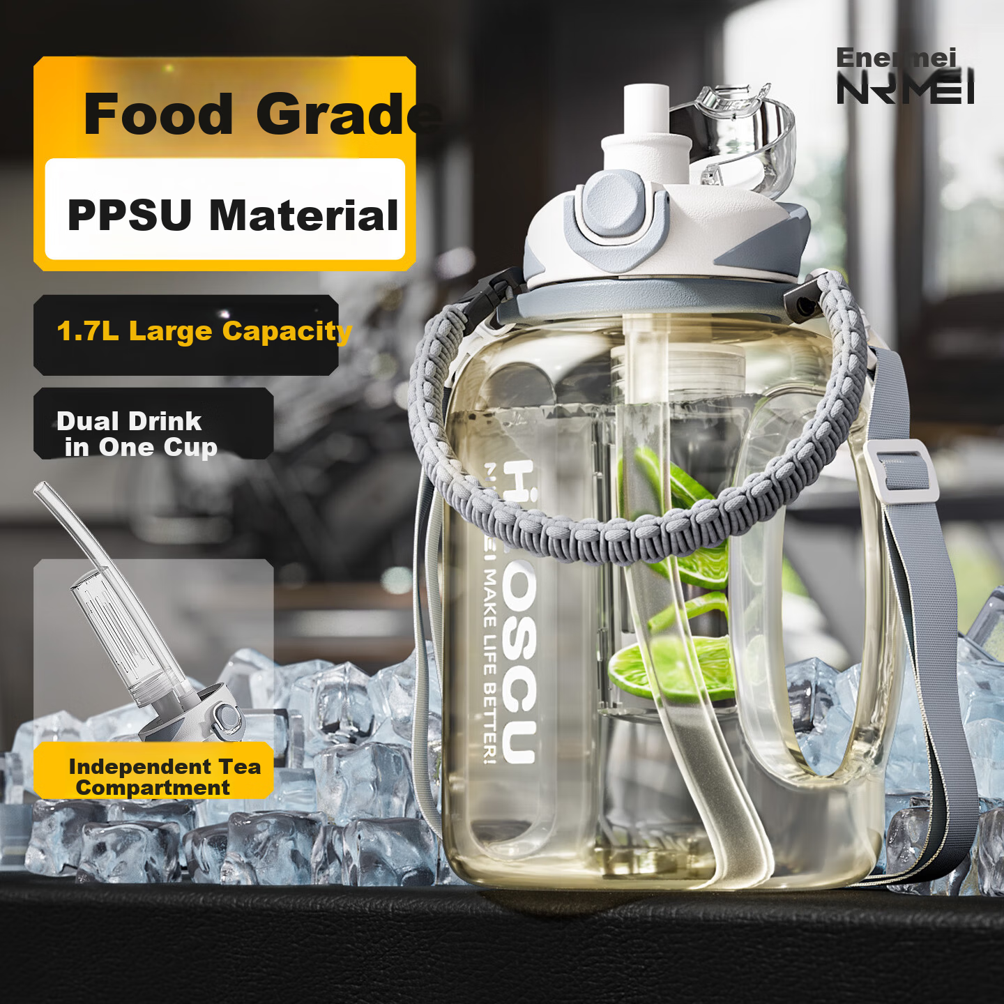 NRMEi Sports Water Bottle Large Capacity Summer PPSU Men's Fitness Tea Separation Tonne Barrel Big Belly Portable High Temperature Resistant Cup