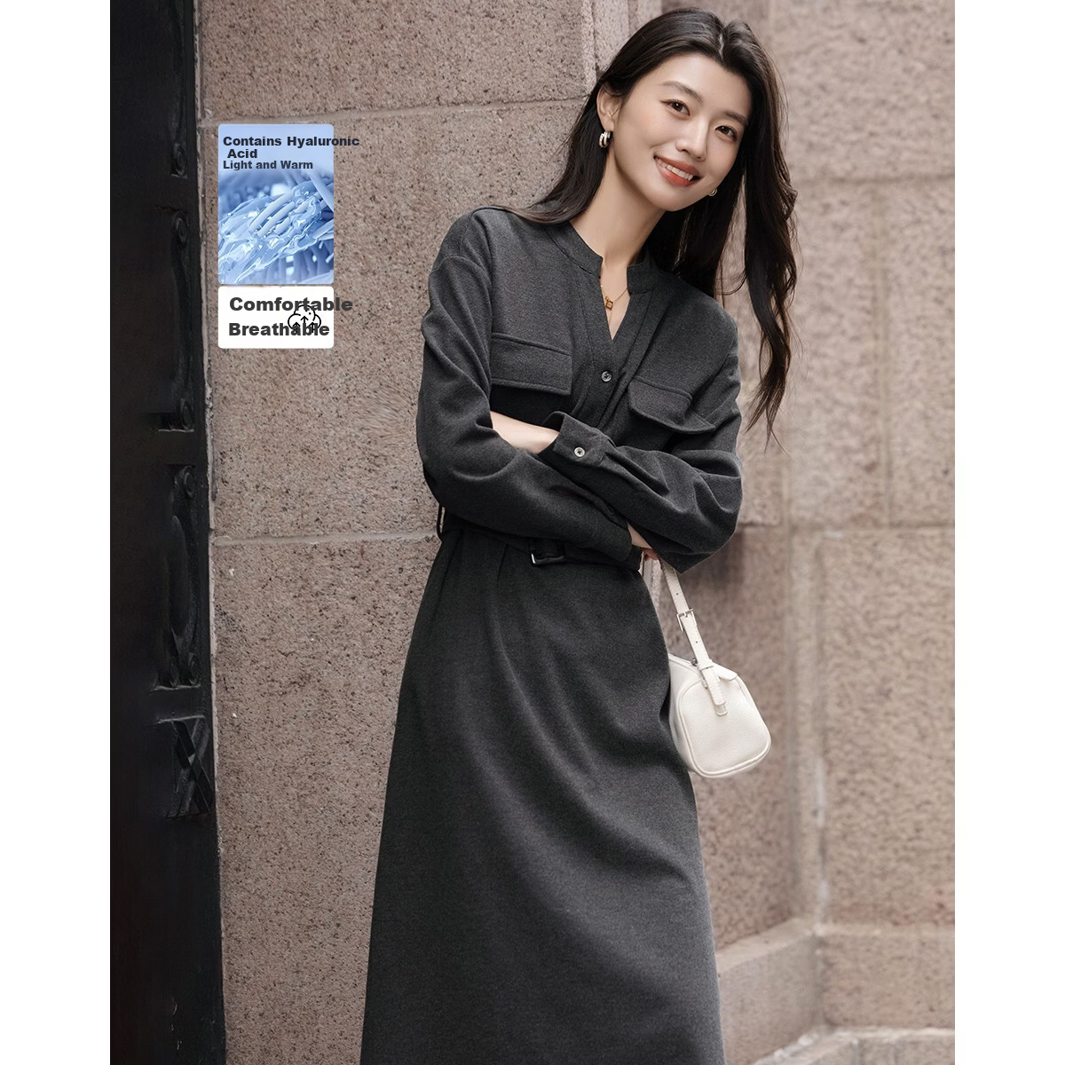 Demana [with Hyaluronic Acid] Spring Urban Commuter V-Neck Half-Placket Pocket Drop Shoulder Loose Women's Knit Dress