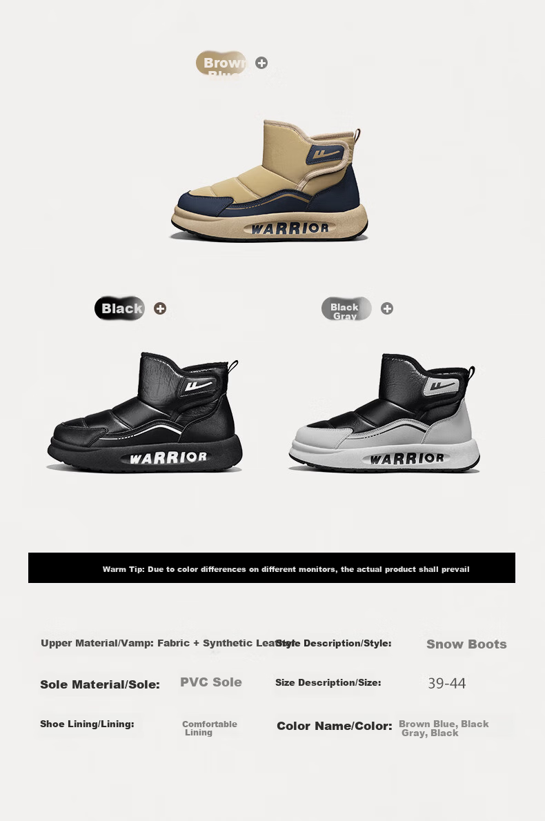 Warrior Men's Snow Boots 2025 Autumn Winter New Fleece-Lined Northeast Cold-Resistant Warm Outdoor Cotton Shoes Black 43 4