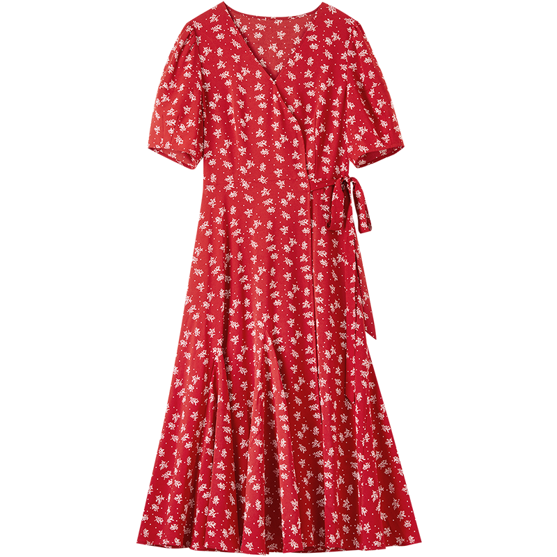 Sentubila Elegant Vacation Style V-Neck Dress for Women Summer Lantern Sleeve High Waist Floral Mermaid Slimming Mid-Length Dress
