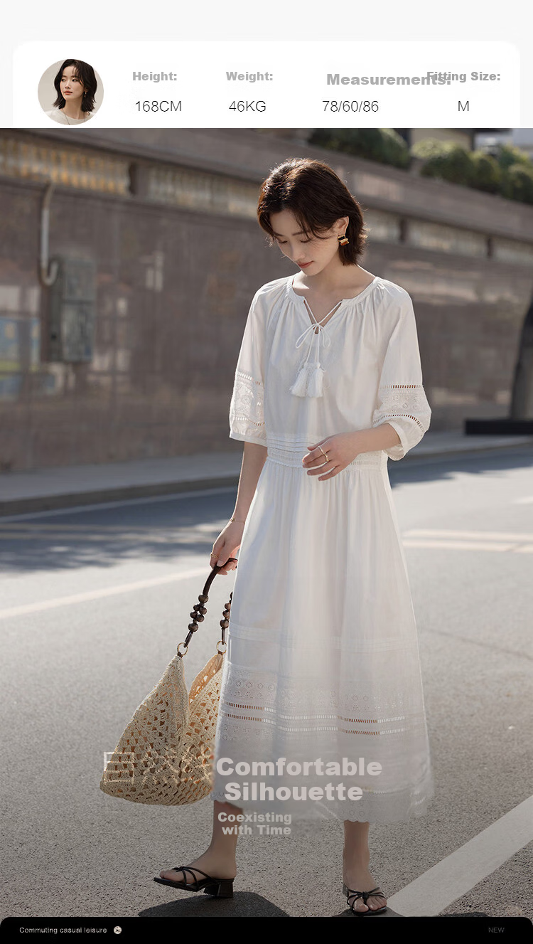 Demana Fresh Cotton Summer Elegant Tassel Ribbon Waist Slimming Conceal Body Dress for Women High-End Feel 8