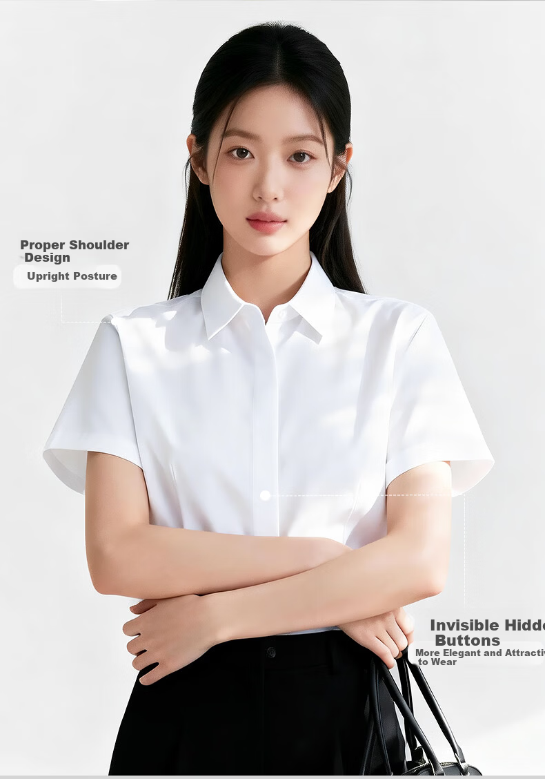 Yulixi Blue Short Sleeve Women's Shirt Summer Casual Simple Versatile Commuter Interview Wrinkle-Resistant Non-Iron Blouse 3