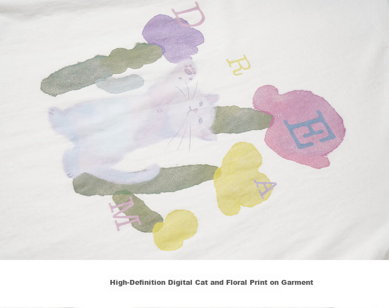 Olrain Casual Fun Cat Print Loose Long Sleeve T-Shirt Women Spring New Round Neck Top White S 21