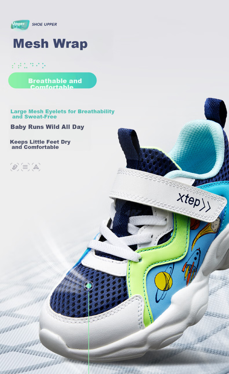 XTEP Kids Mesh Cartoon Element Sports Shoes Non-Slip Sole Boys Casual Shoes Deep Blue/Classic White Size 28 3