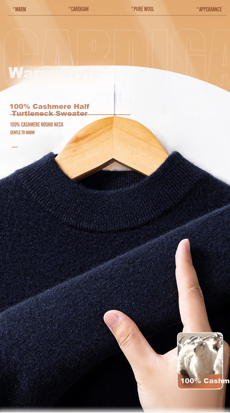 Hengyuanxiang Men's 100% Pure Cashmere Sweater Autumn Winter Half Turtleneck Knitted Warm Red Thick Woolen Pullover 1