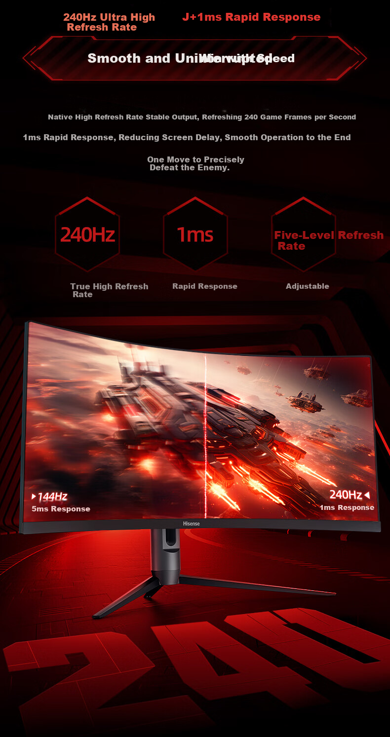 Hisense 34-inch Ultrawide Curved Monitor 240Hz 1000R Curvature Built-in Speakers HDR400 WQHD Gaming Screen 34G6K Ultra 5