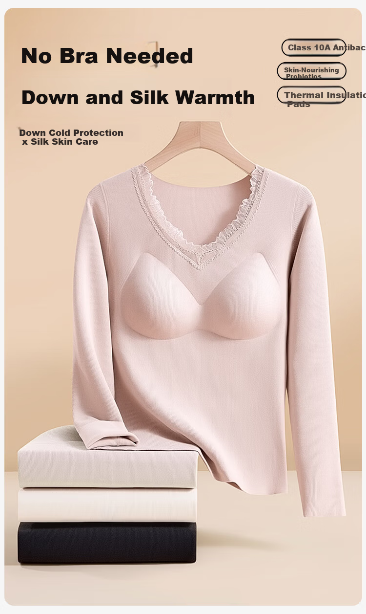 Ordifen Women's Thermal Underwear with Chest Pad, Anti-Mite Wool and Silk Autumn Top and Bottom Set, Winter Heat Retention Base Layer, Size M 3