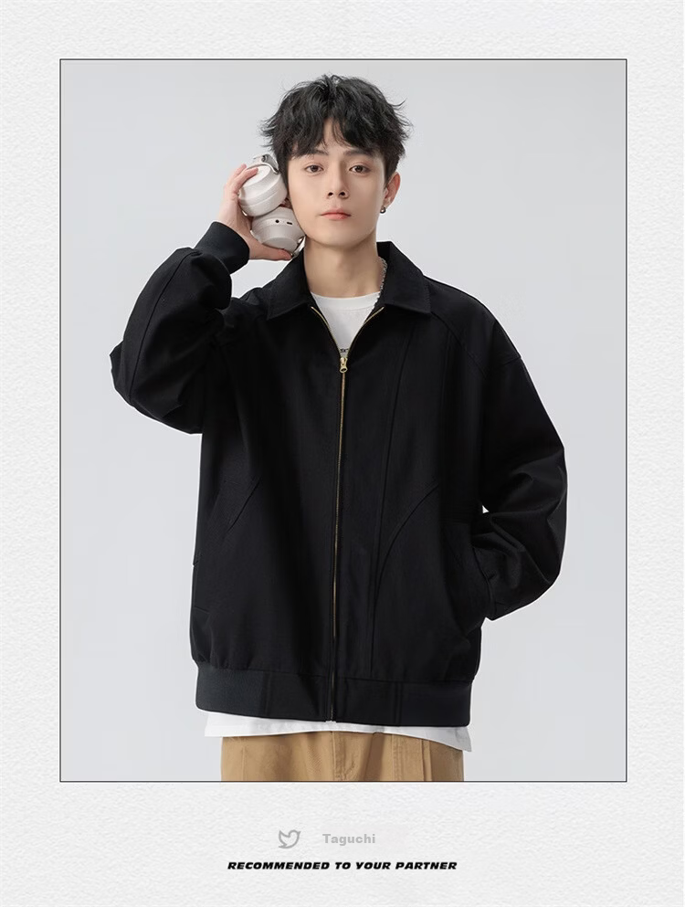 Foss Phil Men's Spring Autumn Casual American Style Loose Workwear Jacket with Turn-down Collar Black M 6768 10