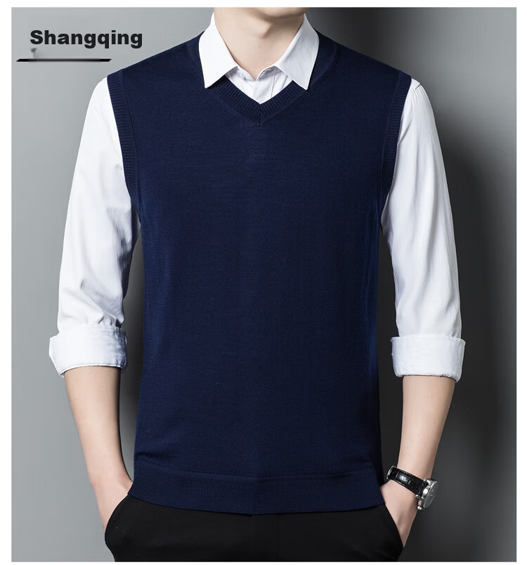 Hengyuanxiang Washable Pure Wool Vest for Men, V-Neck Waistcoat, Fine-Spun Wool Knitted Sleeveless Jacket, Black, Size 170 14