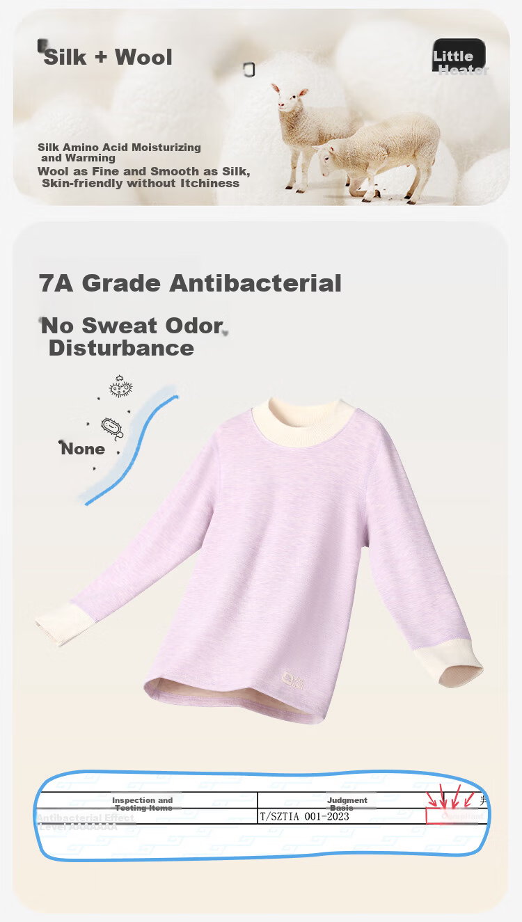 Jiusuibian Kids Thermal Underwear Unisex Autumn Winter Mid-Weight Fleece Lined Wool Blend 7A Antibacterial High Neck School Uniform Base Layer Set 3